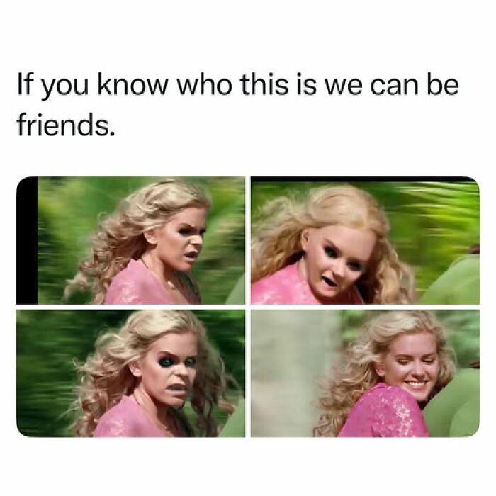 Meme collage showing nostalgic facial expressions of a woman with blonde hair in a pink outfit from good old days.