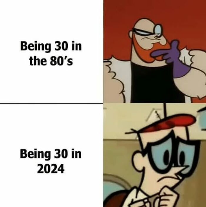 Meme comparing being 30 in the 80s with confidence to being 30 in 2024 looking worried, nostalgic memes concept.