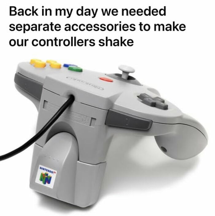 Nintendo 64 controller with a rumble pack accessory, evoking nostalgic memories of classic gaming days.