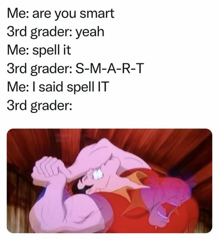 Meme featuring a humorous exchange with a 3rd grader and a nostalgic cartoon character flexing muscles.