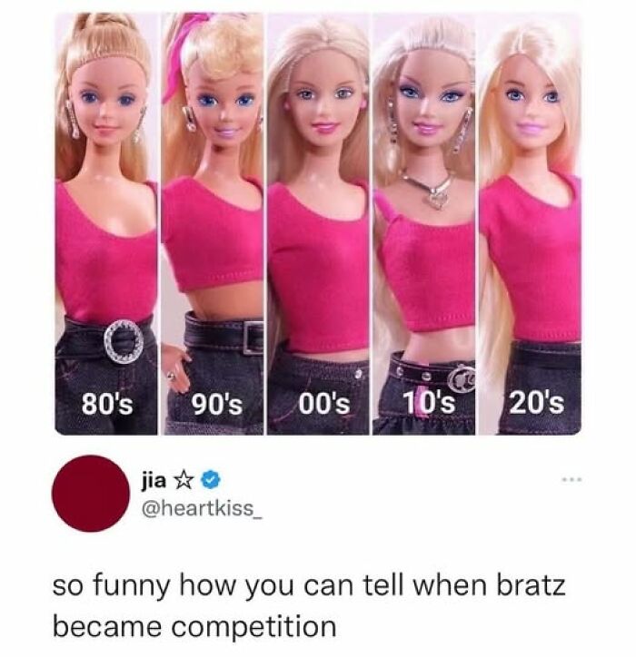 Barbie dolls dressed in pink tops showing fashion changes from 80s to 20s in nostalgic meme series.