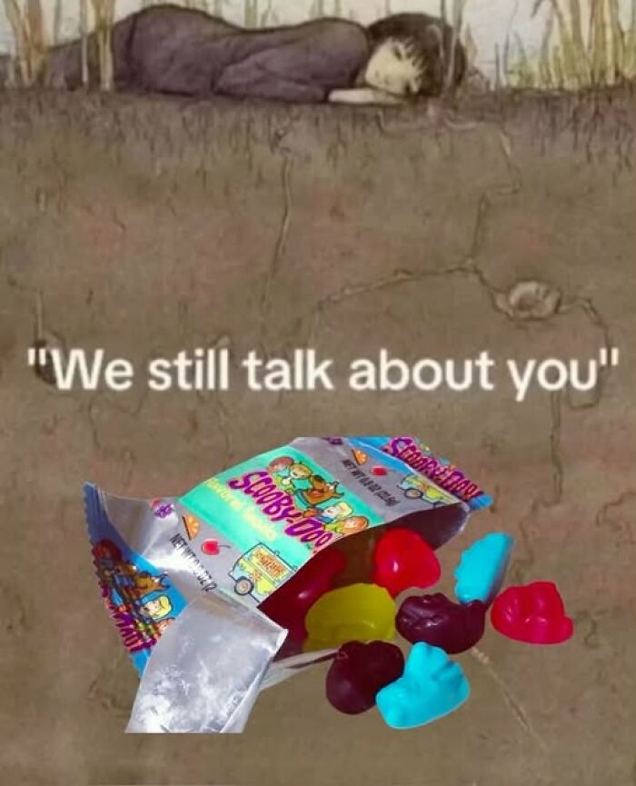 Nostalgic meme featuring Scooby-Doo candy with a child lying down, evoking memories of the good old days.