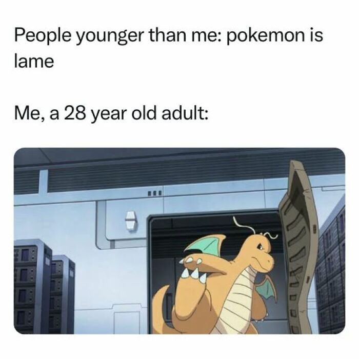 Meme showing a nostalgic Pokemon scene with Dragonite, highlighting childhood memories for nostalgic audiences.