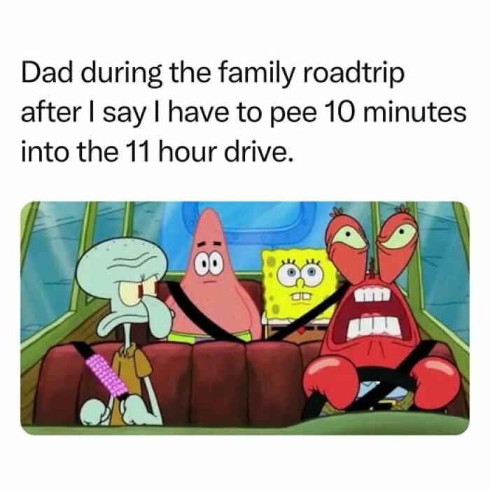 Meme of SpongeBob and friends in car, capturing nostalgic family road trip moments and old days humor.