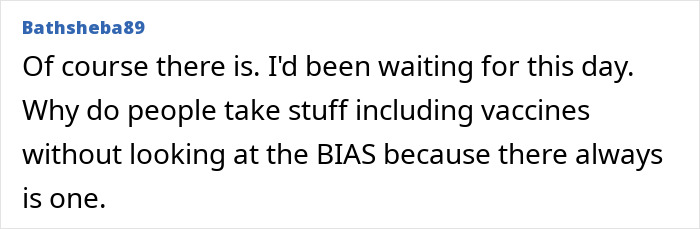 Screenshot of a user comment discussing personal opinions on vaccines related to bias in medical treatments. Screenshot of a user comment discussing personal opinions on vaccines related to bias in medical treatments.