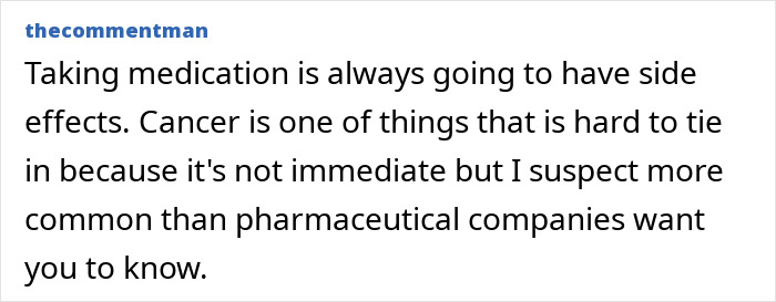 User comment discussing possible side effects of Ozempic medication, highlighting concerns about cancer risks and pharmaceutical transparency. User comment discussing possible side effects of Ozempic medication, highlighting concerns about cancer risks and pharmaceutical transparency.