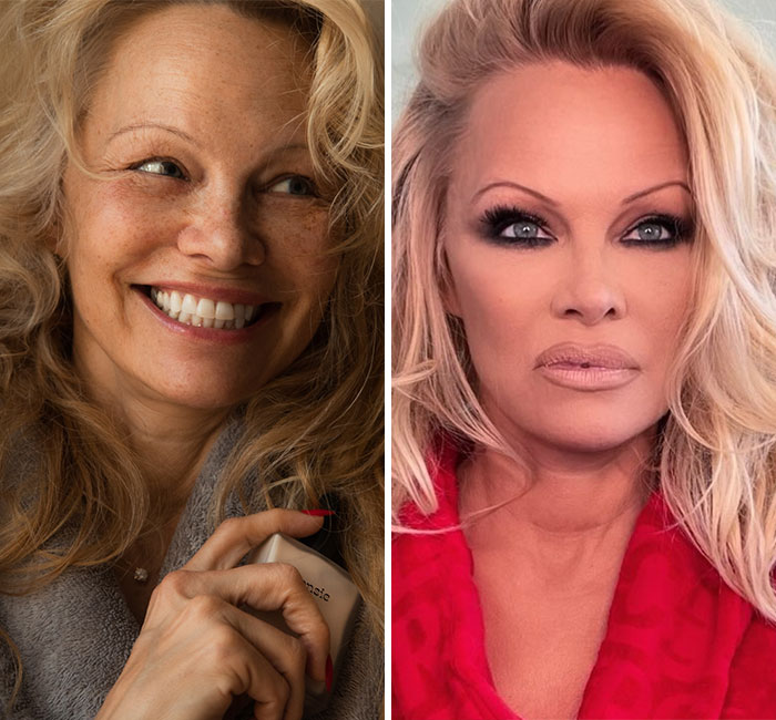 Pamela Anderson mostrando transformación de look natural a estilo glamuroso de los 90 con maquillaje destacado. Pamela Anderson mostrando transformación de look natural a estilo glamuroso de los 90 con maquillaje destacado.