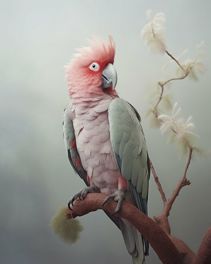 Pink and gray parrot perched on a branch in a beautiful but unsettling vision of the natural world by Jim Naughten.