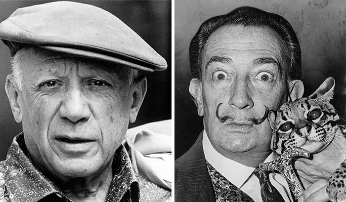 Black and white portraits of two famous men, one wearing a flat cap, the other holding a wild cat with stylized mustache.