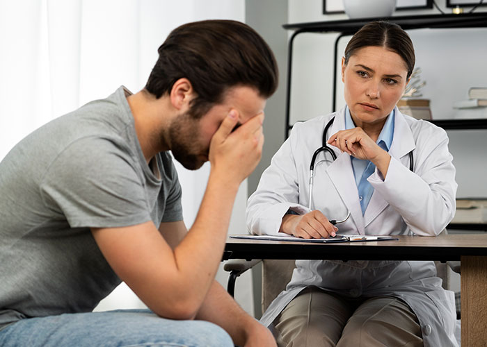 A distressed patient covering his face while a concerned female doctor listens carefully during a medical consultation.
