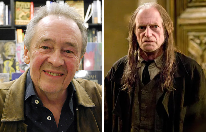 Portrait of two older men side by side, one smiling casually, the other dressed in Harry Potter series costume and makeup.