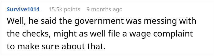 Comment discussing late worker pay and a wage complaint after boss shows off his new truck.