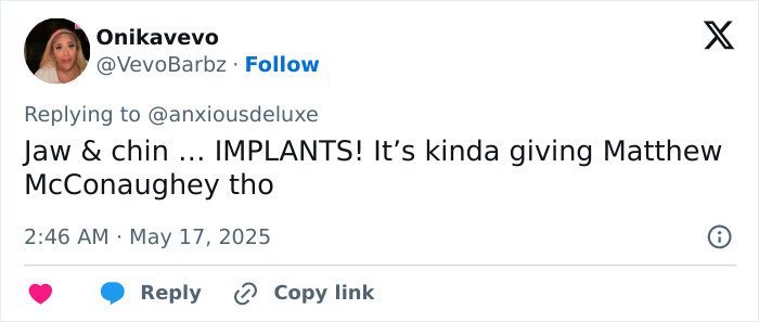 Tweet discussing jaw implants and comparisons, with fans guessing if Pedro Pascal’s new jaw is plastic surgery or Ozempic. Tweet discussing jaw implants and comparisons, with fans guessing if Pedro Pascal’s new jaw is plastic surgery or Ozempic.