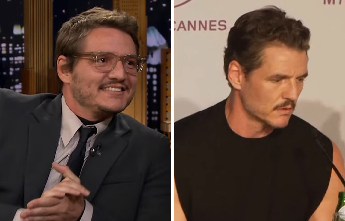 Pedro Pascal shown in a suit and glasses on a talk show, and in a black sleeveless shirt at a press event discussing his new jaw. Pedro Pascal shown in a suit and glasses on a talk show, and in a black sleeveless shirt at a press event discussing his new jaw.