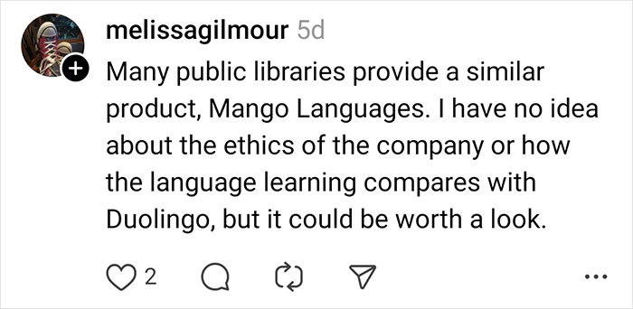 Screenshot of a social media comment discussing language learning platforms and mentioning Duolingo’s AI-first strategy. Screenshot of a social media comment discussing language learning platforms and mentioning Duolingo’s AI-first strategy.
