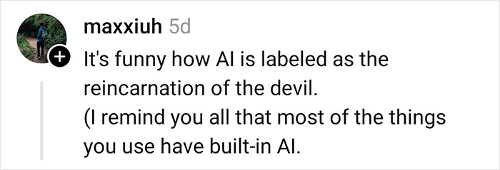 Screenshot of a social media comment discussing AI labeled as the reincarnation of the devil and its widespread use. Screenshot of a social media comment discussing AI labeled as the reincarnation of the devil and its widespread use.