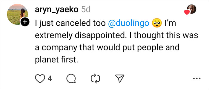 Screenshot of a social media post expressing disappointment with Duolingo’s AI-first strategy causing users to cancel. Screenshot of a social media post expressing disappointment with Duolingo’s AI-first strategy causing users to cancel.