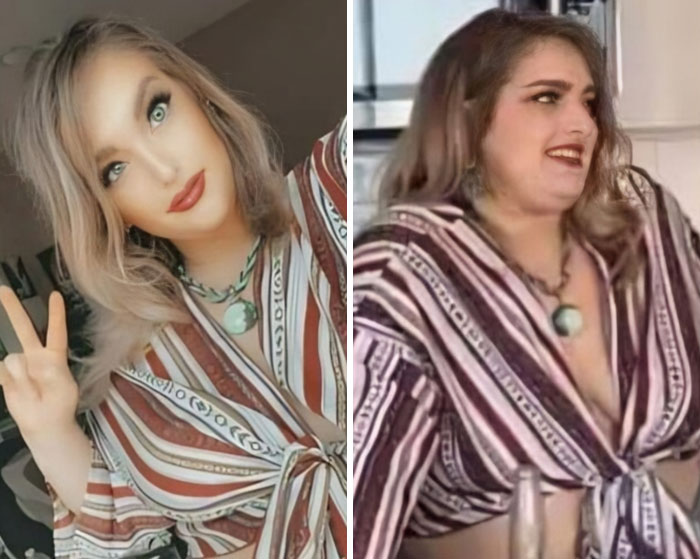 Side-by-side comparison of influencer using heavy editing on Instagram posts showing altered and natural appearances.