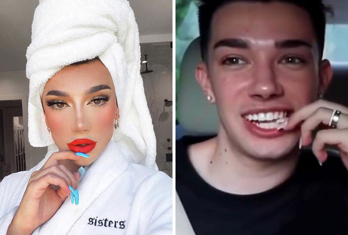 Influencers showing heavy editing on Instagram posts with dramatic makeup and bright red lipstick in comparison photos.