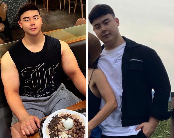 Young man showing contrast in muscle size in two photos, highlighting heavy editing on Instagram posts by influencers.