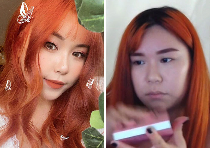 Split image showing a heavily edited Instagram photo versus an unedited real-life picture of the same influencer.