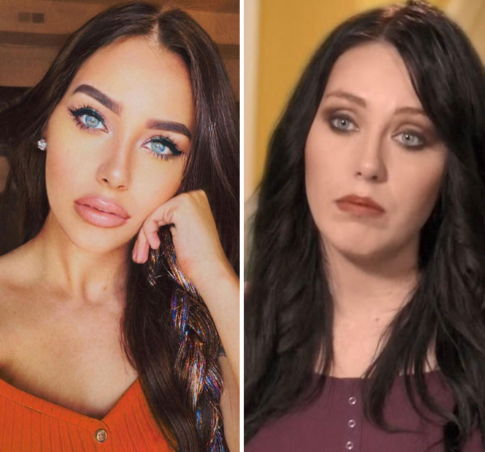 Side-by-side images of a woman showing heavy editing effects versus natural appearance, highlighting influencer photo edits.