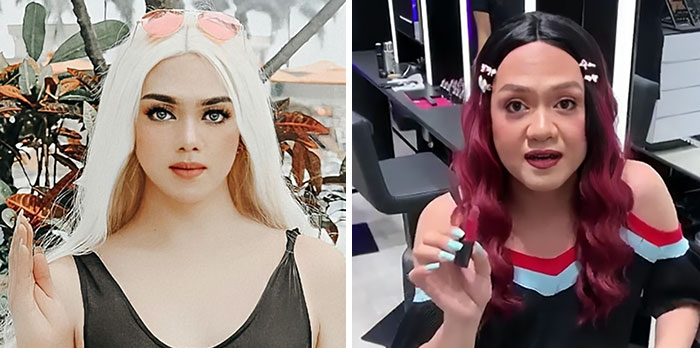 Two influencers showing heavy editing effects on their Instagram posts with exaggerated facial features and backgrounds.