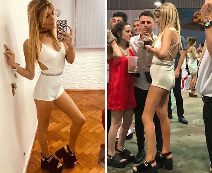 Young woman in a white outfit taking a mirror selfie and a candid photo revealing heavy editing on her Instagram post.
