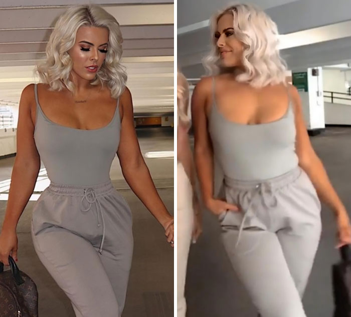 Blonde influencer wearing gray tank top and joggers, walking in a parking garage highlighting heavy editing on Instagram posts.