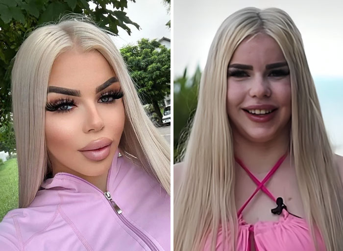 Side-by-side photos of an influencer showing heavy editing differences in Instagram posts outdoors.