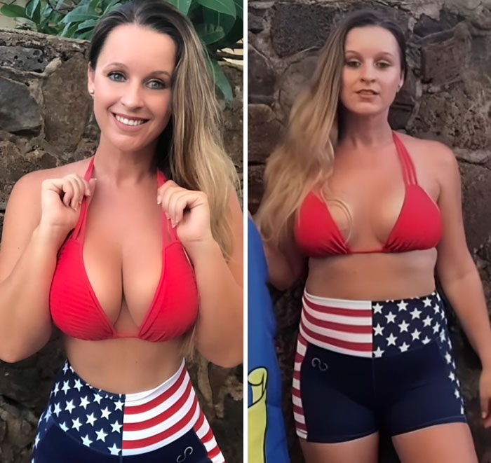 Side-by-side comparison of an influencer exposed for using heavy editing on her Instagram posts in patriotic swimwear.