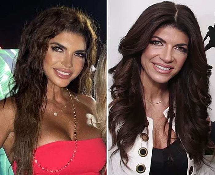 Side-by-side photos of an influencer showing heavy editing differences on Instagram posts revealing altered appearances.