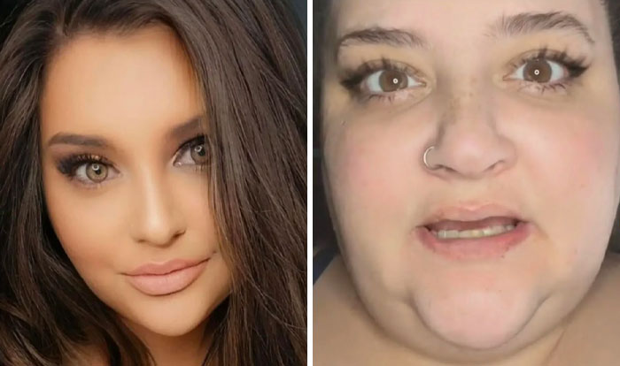Side-by-side images showing influencer before and after heavy editing on Instagram posts revealing altered appearance.