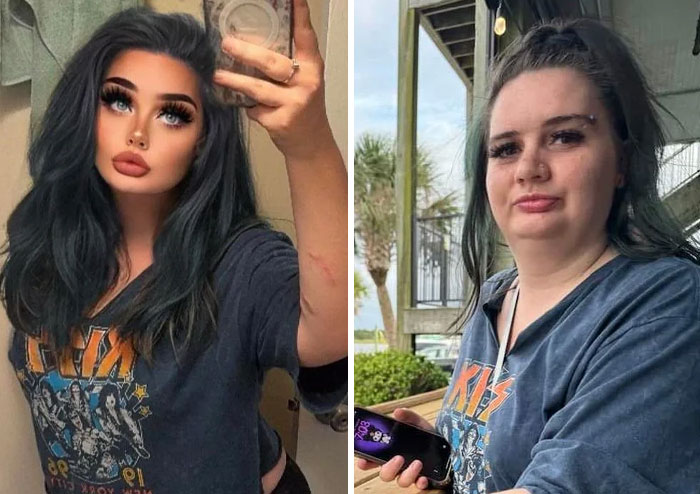 Side-by-side comparison of an influencer using heavy editing on Instagram posts and a natural unedited photo outdoors.