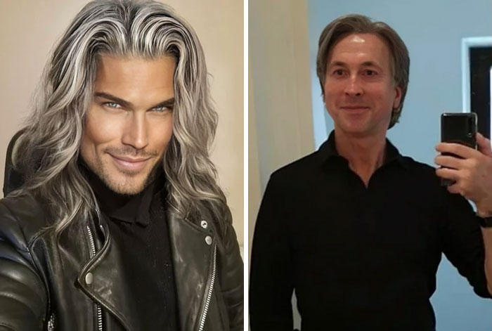 Side-by-side images of a man showing heavy editing effects versus a natural Instagram photo of the same person.