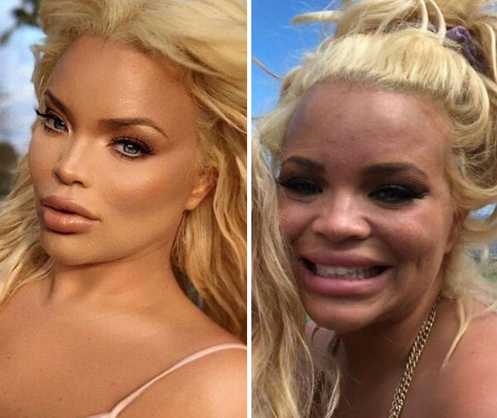 Side-by-side comparison of influencer photos showing heavy editing versus natural appearance on Instagram posts.