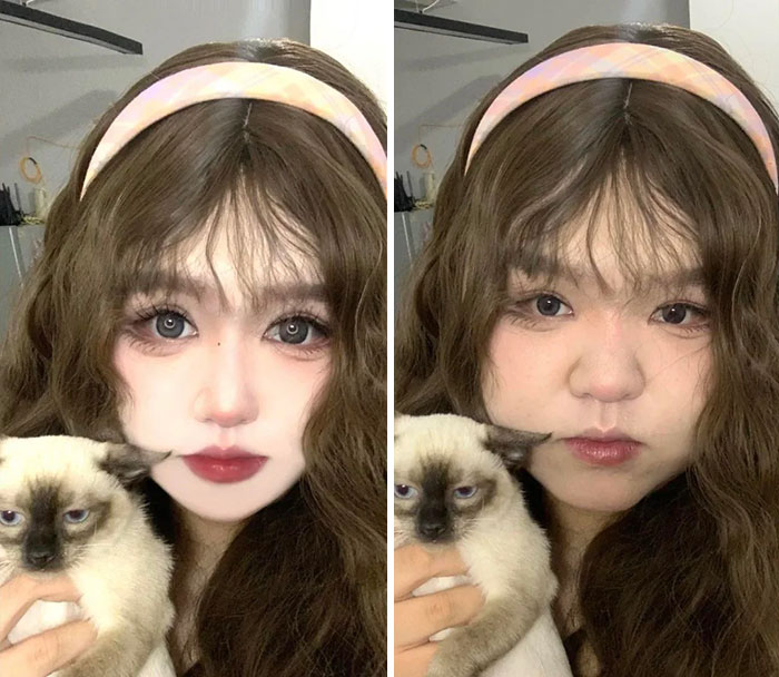 Side-by-side comparison of influencer’s heavily edited Instagram photo and the original showing clear photo editing exposure.