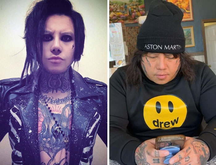 Side-by-side images of two heavily tattooed influencers, highlighting extensive editing on their Instagram posts.