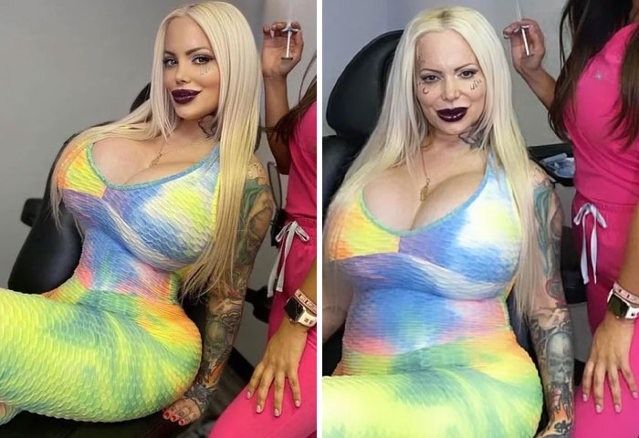 Side by side comparison of influencer photos showing heavy editing on Instagram posts with bright colorful outfits.