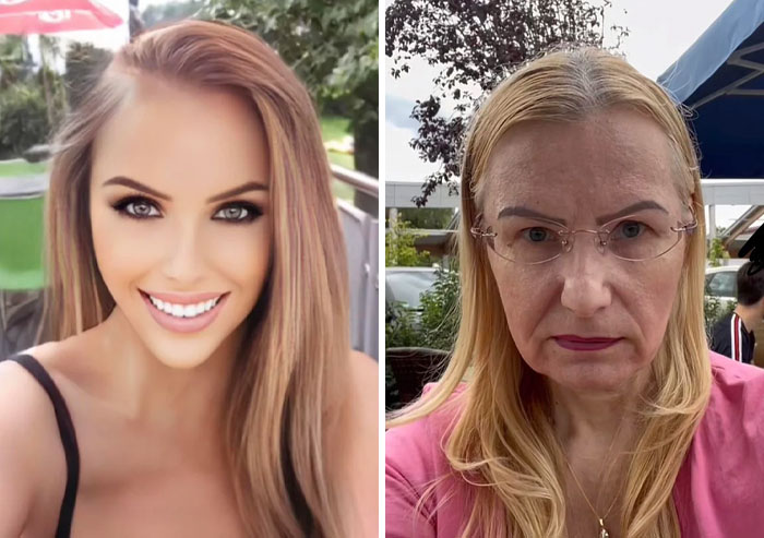 Side-by-side comparison of an influencer's heavily edited Instagram post and unedited real-life photo showing drastic difference