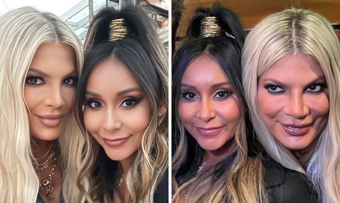 Two influencers posing together in side-by-side photos highlighting differences from heavy editing on Instagram posts.