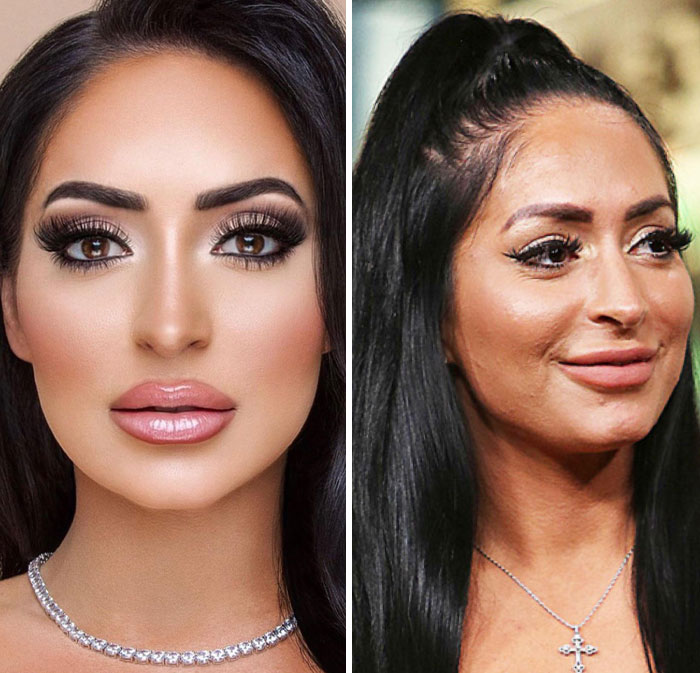 Side-by-side comparison of influencer faces showing heavy editing effects on Instagram posts.