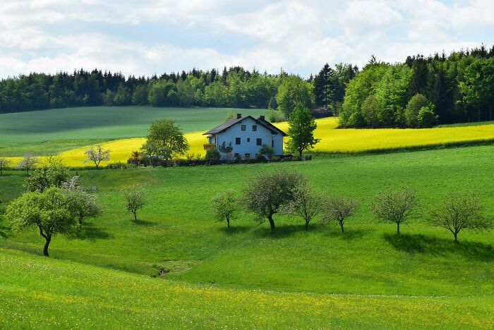 A peaceful countryside scene with a house surrounded by green fields and trees, showcasing romanticized rural life.
