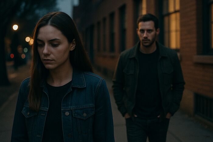 A woman and man walking apart on a dimly lit street, capturing the reality behind romanticized experiences.