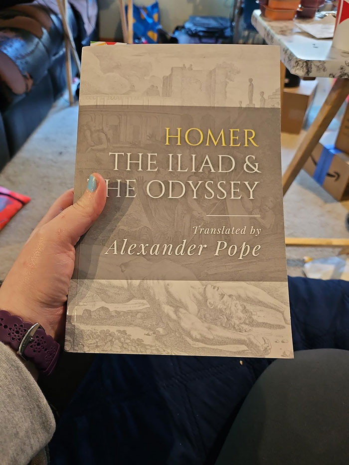 Hand holding the book Homer The Iliad and The Odyssey translated by Alexander Pope, featuring excellent books recommended by readers.