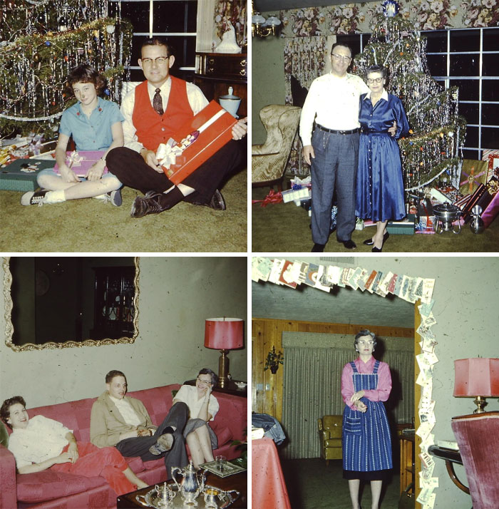 Collage of people sharing found photos during holiday gatherings, showcasing vintage family moments and decorations.