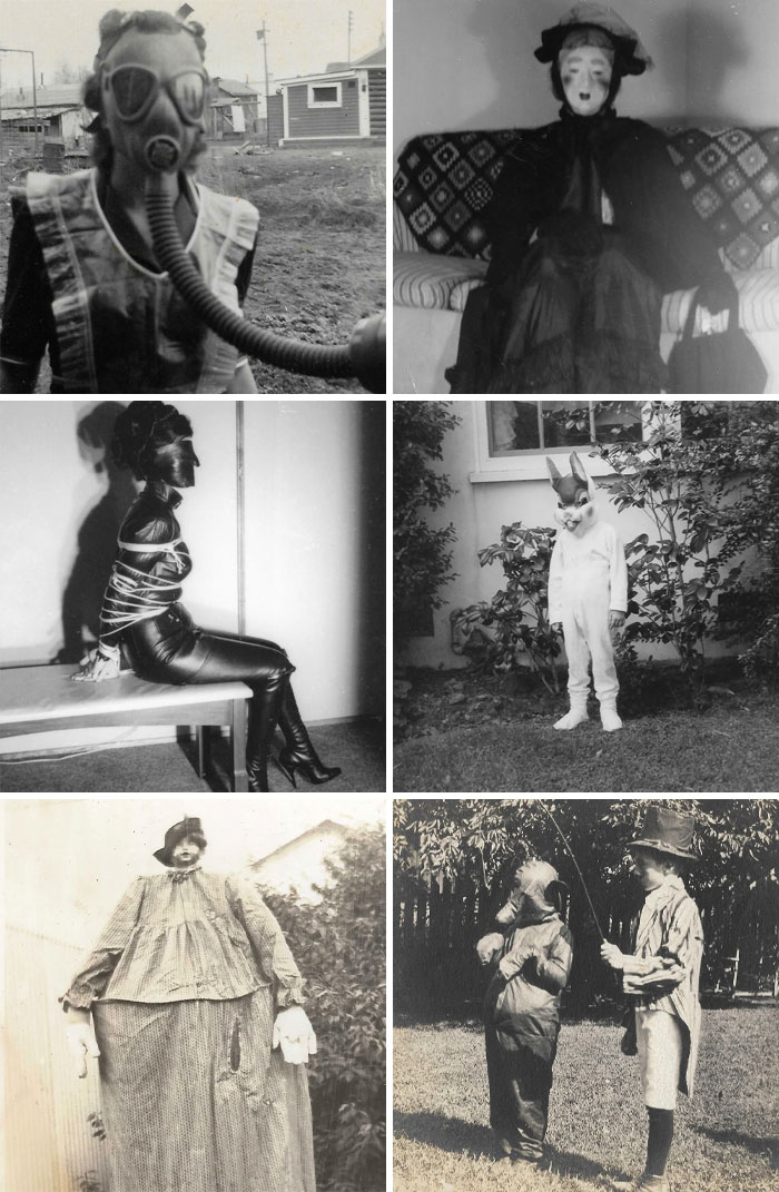 Collage of people share found photos showing vintage and eerie costumes in black and white images from different settings.