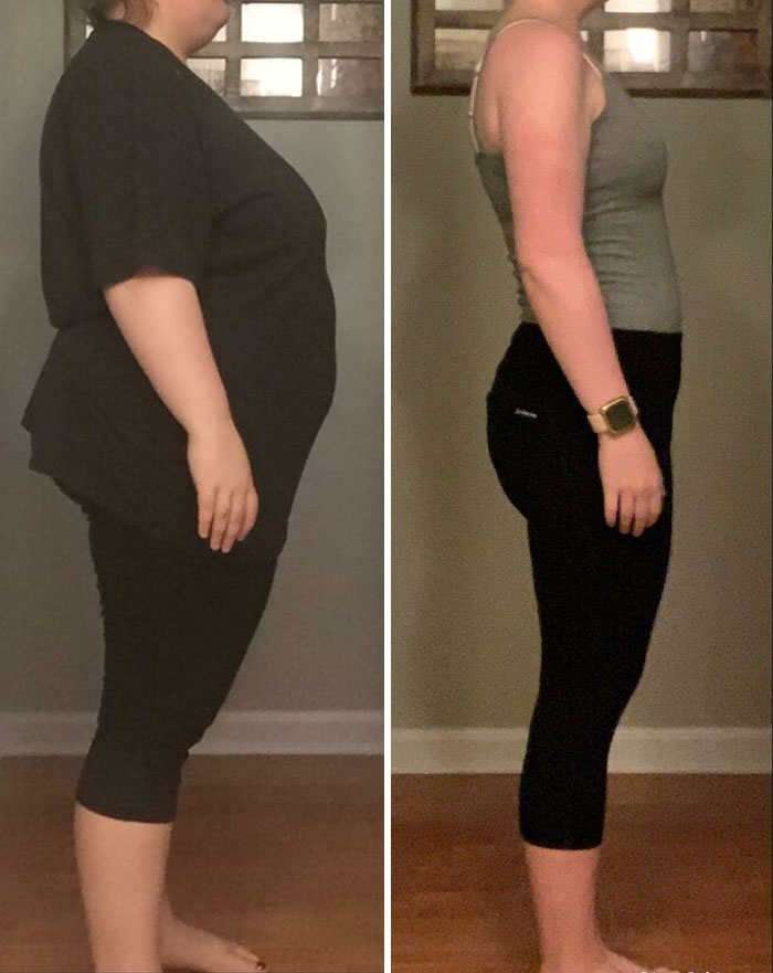 Side-by-side weight loss before and after pics showing inspiring transformation in body shape and size.