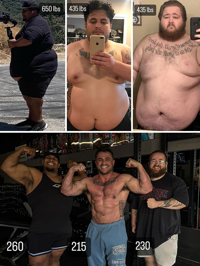 Before and after weight loss transformation photos showing inspiring body changes with different weight progressions.