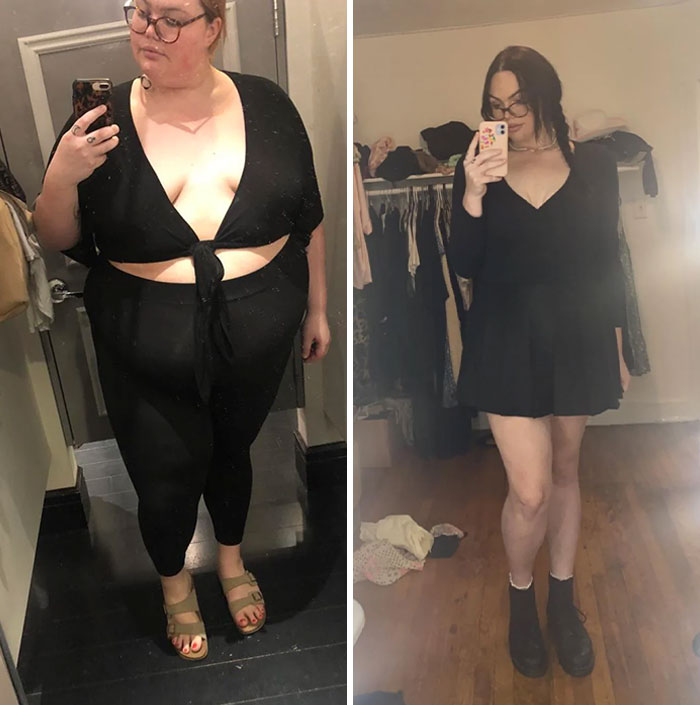 Side-by-side weight loss before and after pics showing inspiring transformation in a black outfit and glasses.